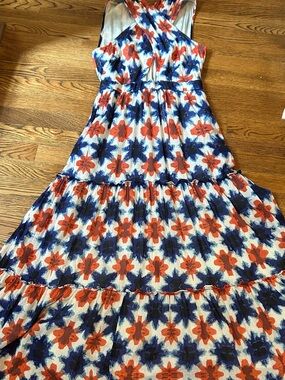 Banjanan White Maxi Dress with Blue and Orange Floral Print
